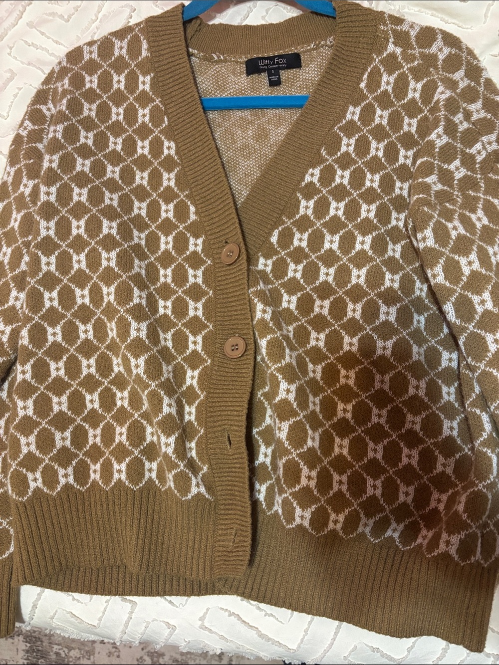 Women's Camel and White Patterned Cardigan Sweater